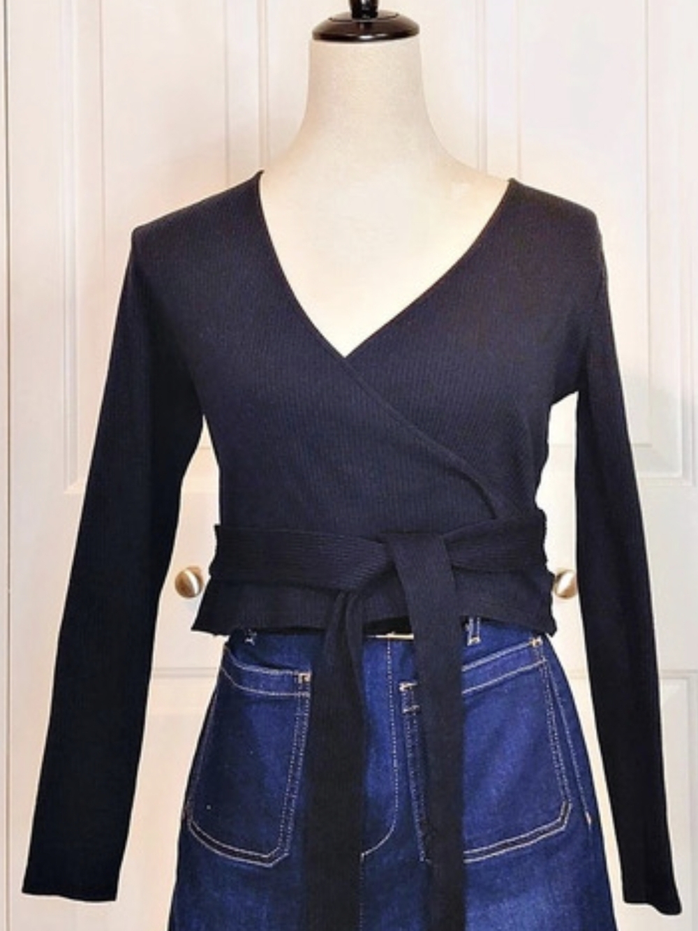 ZARA Black Wrap Front Long Sleeve Top Size Large